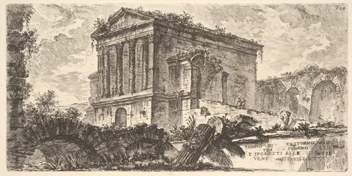 Plate 26: Temple of Clitumnus between Foligno and Spoleto... (Tempio di Clitumno tra Fuligno e Spoletti...), from "Alcune Vedute di Archi Trionfali ed altri monumenti inalzati da Romani parte di quali se veggono in Roma e parte per l'Italia" (Some Views of Triumphal Arches and other monuments erected by the Romans, some of which are in Rome and some elsewhere in Italy) by Giovanni Battista Piranesi, print, 1743-1753