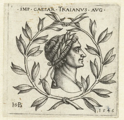 Borstbeeld van Trajanus in lauwerkrans by Unknown, print, 1546