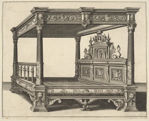Canopy Bed from 'Verscheyden Schrynwerck (...)' ['Plusieurs Menuiseries (...)'] by Paul Vredeman de Vries, print, 1658