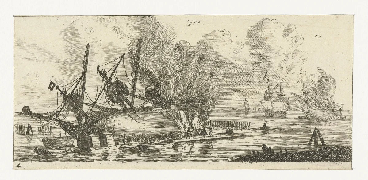 Waterdichtmaken van de romp van een schip by Reinier Nooms, print, 1651-1652