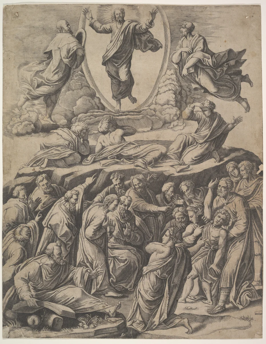 The Transfiguration of Christ who appears upper centre, below him various figures including the Apostles by Master of the Die, print, 1530-1560