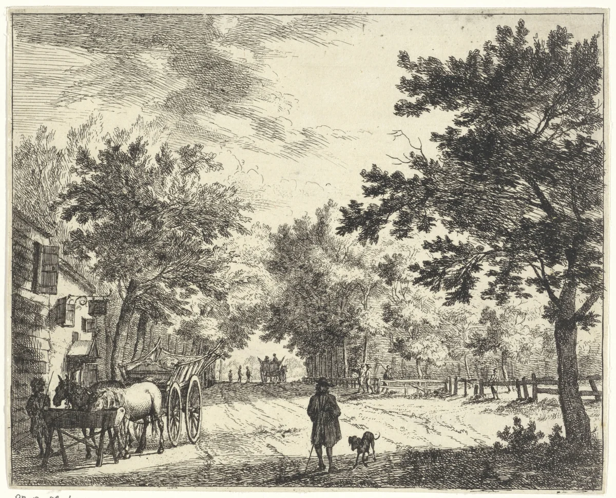Figuren en boerenkarren bij een herberg by Jan Vincentsz. van der Vinne, print, 1688-1690