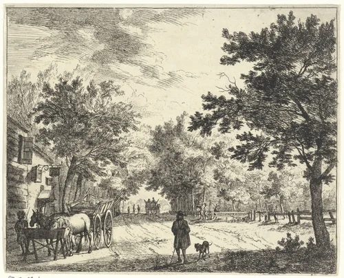 Figuren en boerenkarren bij een herberg by Jan Vincentsz. van der Vinne, print, 1688-1690