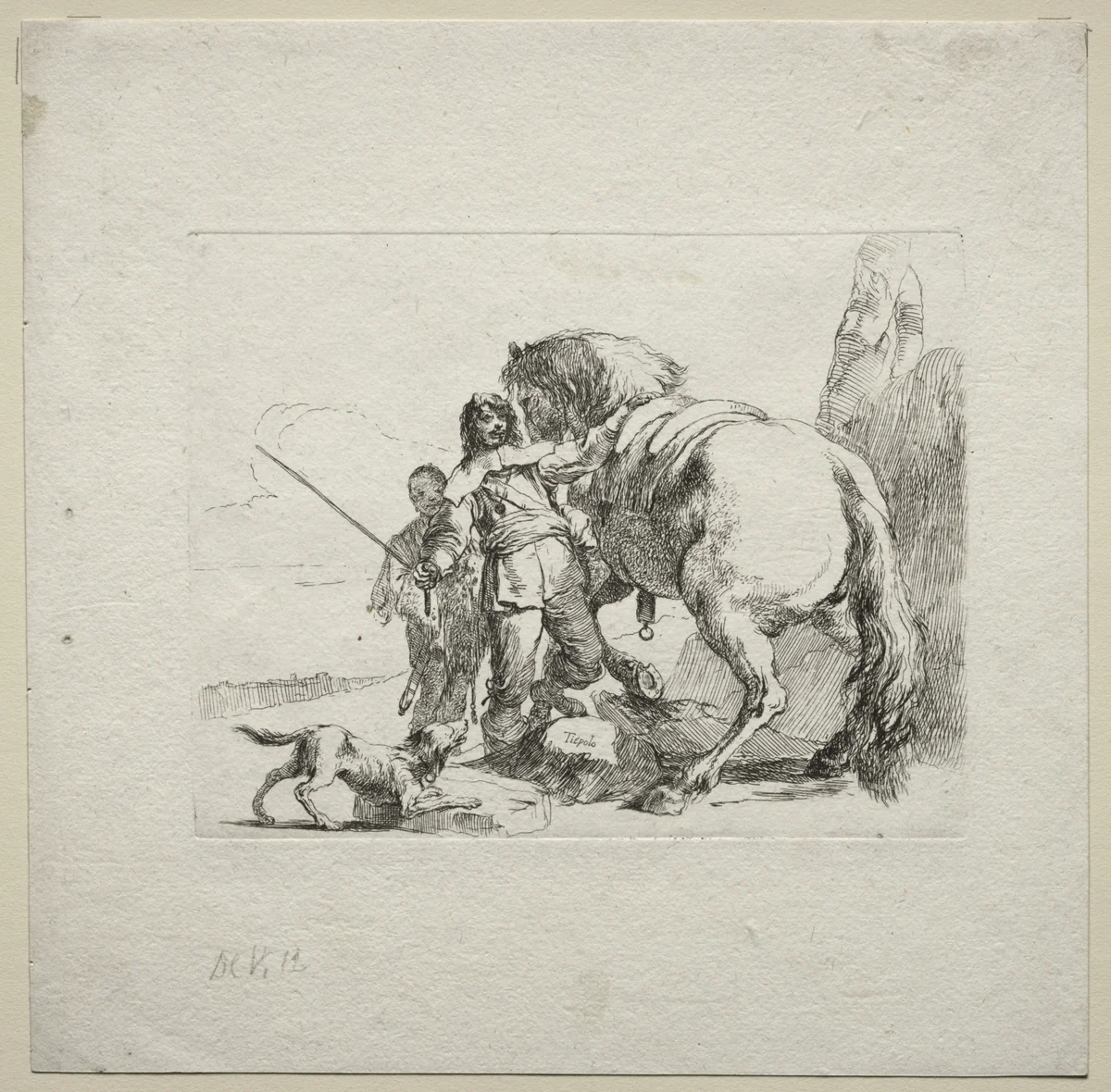 Various Caprices: The Cavalier Mounting his Horse by Giovanni Battista Tiepolo, print, 1730-1755