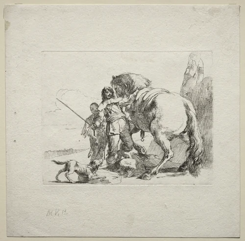 Various Caprices: The Cavalier Mounting his Horse by Giovanni Battista Tiepolo, print, 1730-1755