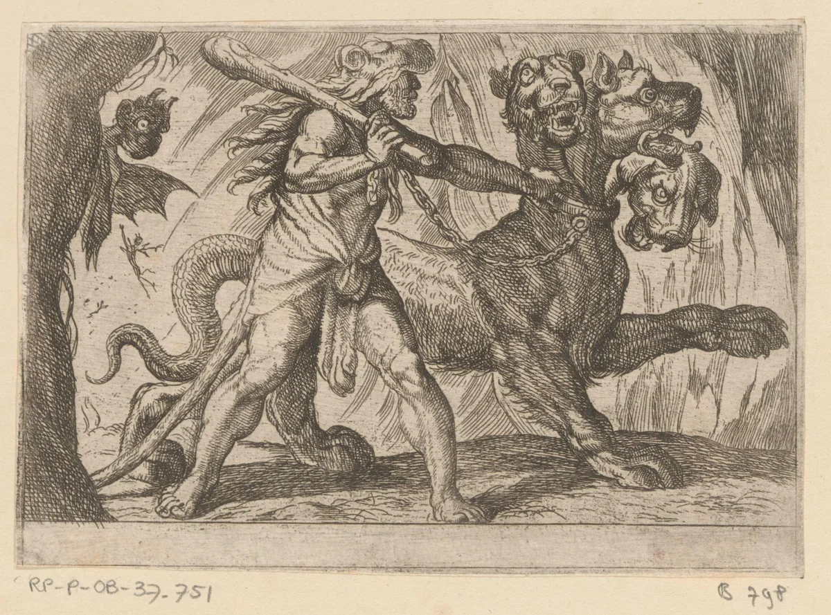 Hercules en Cerberus by Antonio Tempesta, print, 1608