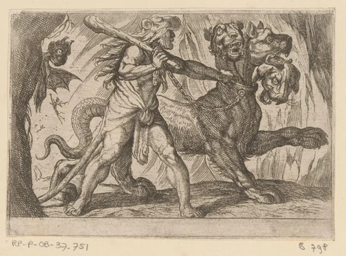 Hercules en Cerberus by Antonio Tempesta, print, 1608