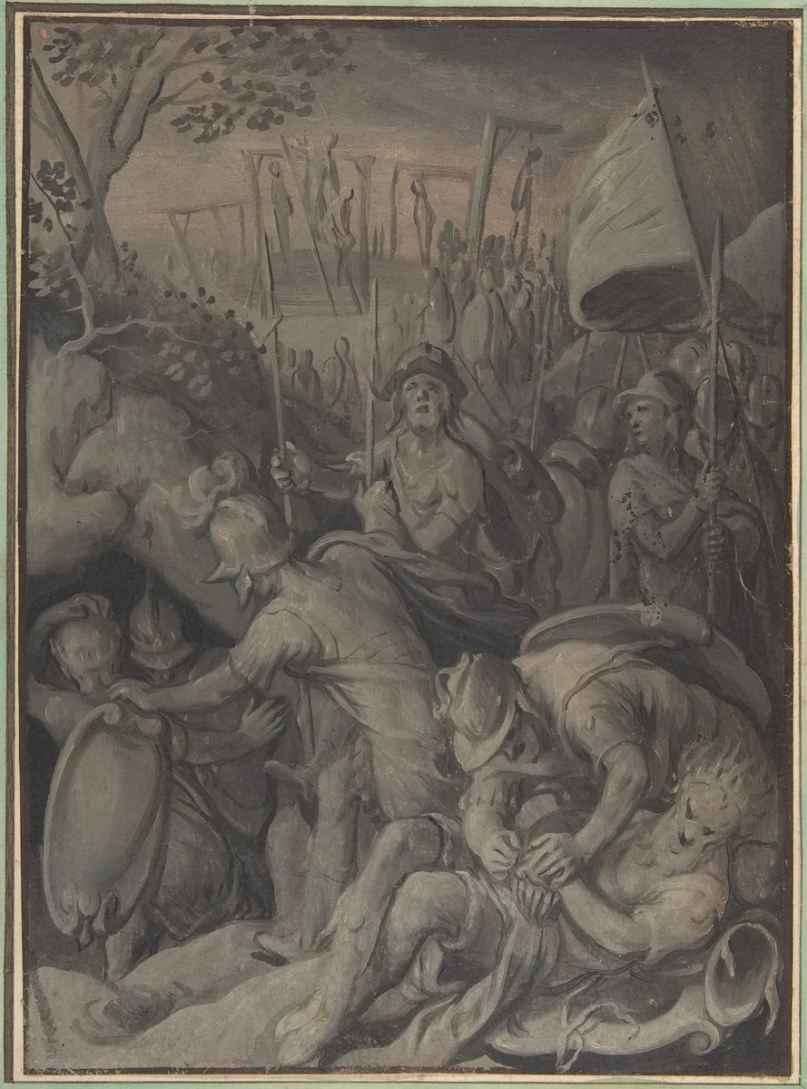 Execution of the Five Kings of the Amorites by Joachim Beuckelaer, drawing, 1533-1574