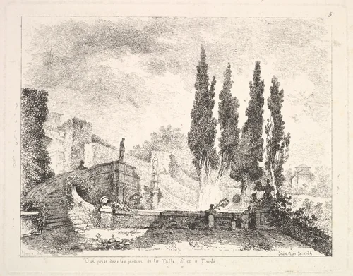 View of the gardens at the Villa d'Este in Tivoli, cyprus trees to right, a staircase leading to the villa at left, two statues at center of the staircase, three figures in the garden at right by Jean Honoré Fragonard, print, 1764