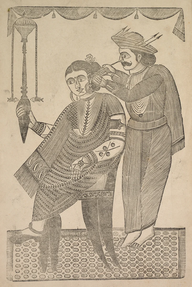 A Barber Cleaning the Ear of a Courtesan by Shri Gobinda Chandra Roy, print, 1875-1905