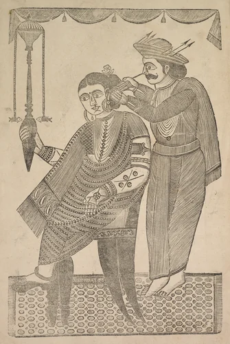 A Barber Cleaning the Ear of a Courtesan by Shri Gobinda Chandra Roy, print, 1875-1905
