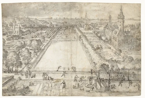 Kasteel met een park in de nabijheid van een stad by Frederik van Valckenborch, drawing, 1576-1597