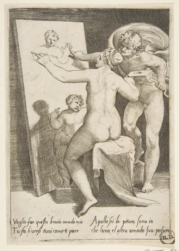 Apollo standing a beside a woman representing an allegory of painting, from "The Loves of the Gods" by Giulio Bonasone, print, 1531-1560