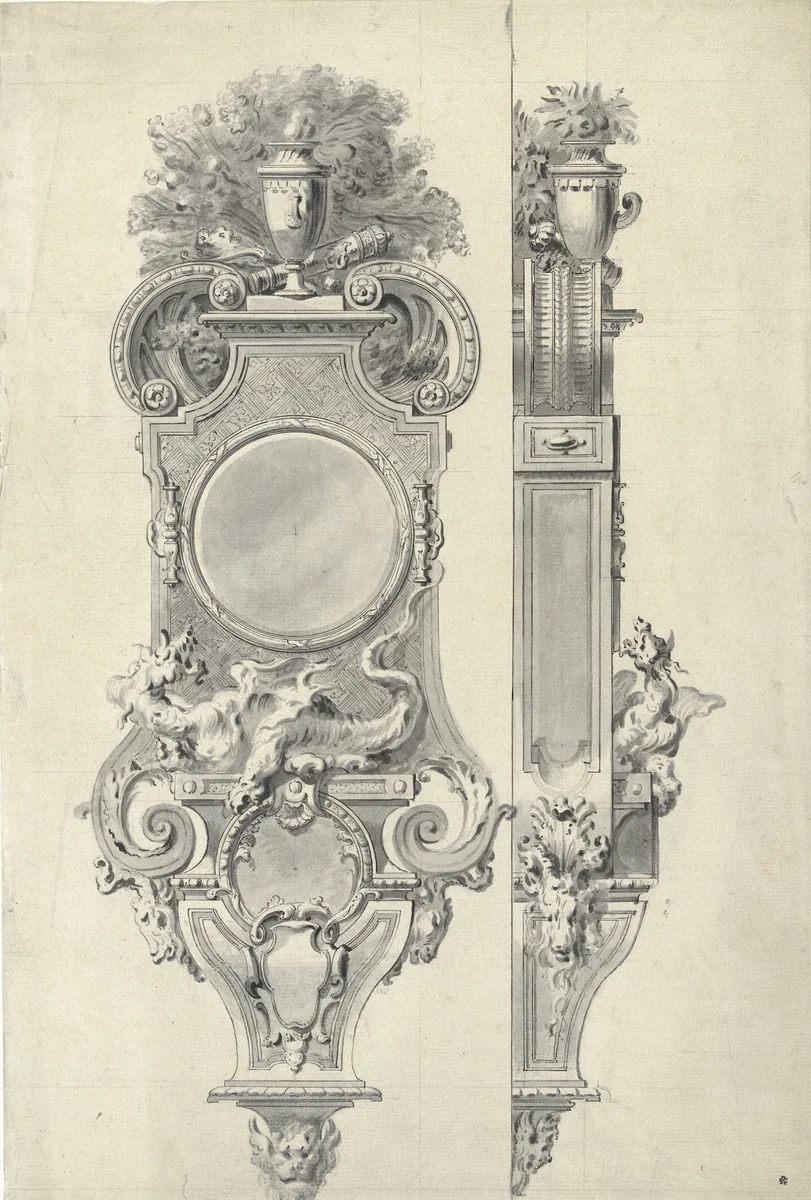 Design for a clock-case by Gilles Marie Oppenort, drawing, 1720-1730