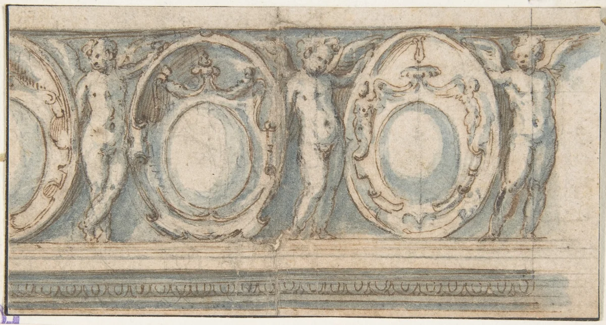 Design for a Decorated Frieze with Alternation of Cartouches and Winged Putti by Luzio Luzzi, drawing, 1500-1599