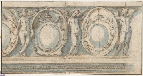 Design for a Decorated Frieze with Alternation of Cartouches and Winged Putti by Luzio Luzzi, drawing, 1500-1599
