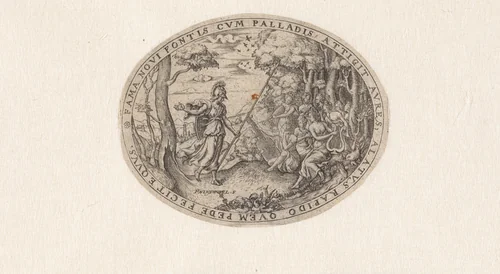 Minerva bezoekt de muzen op de Parnassus by Unknown, print, 1565-1611