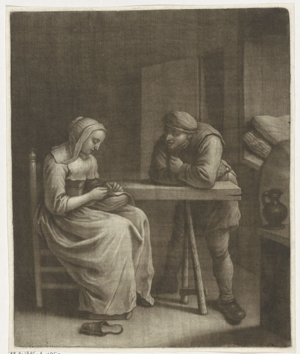 Naaister en een man by Wallerant Vaillant, print, 1658-1677