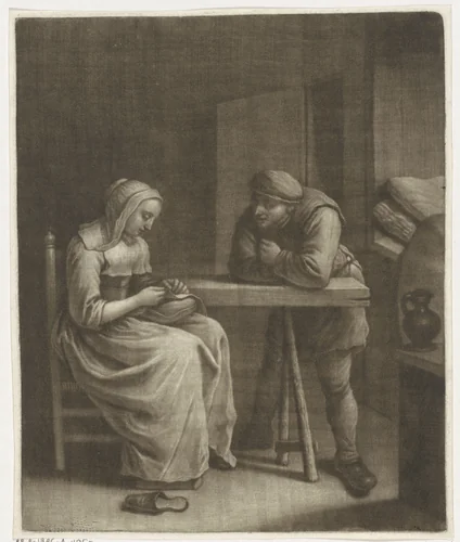 Naaister en een man by Wallerant Vaillant, print, 1658-1677