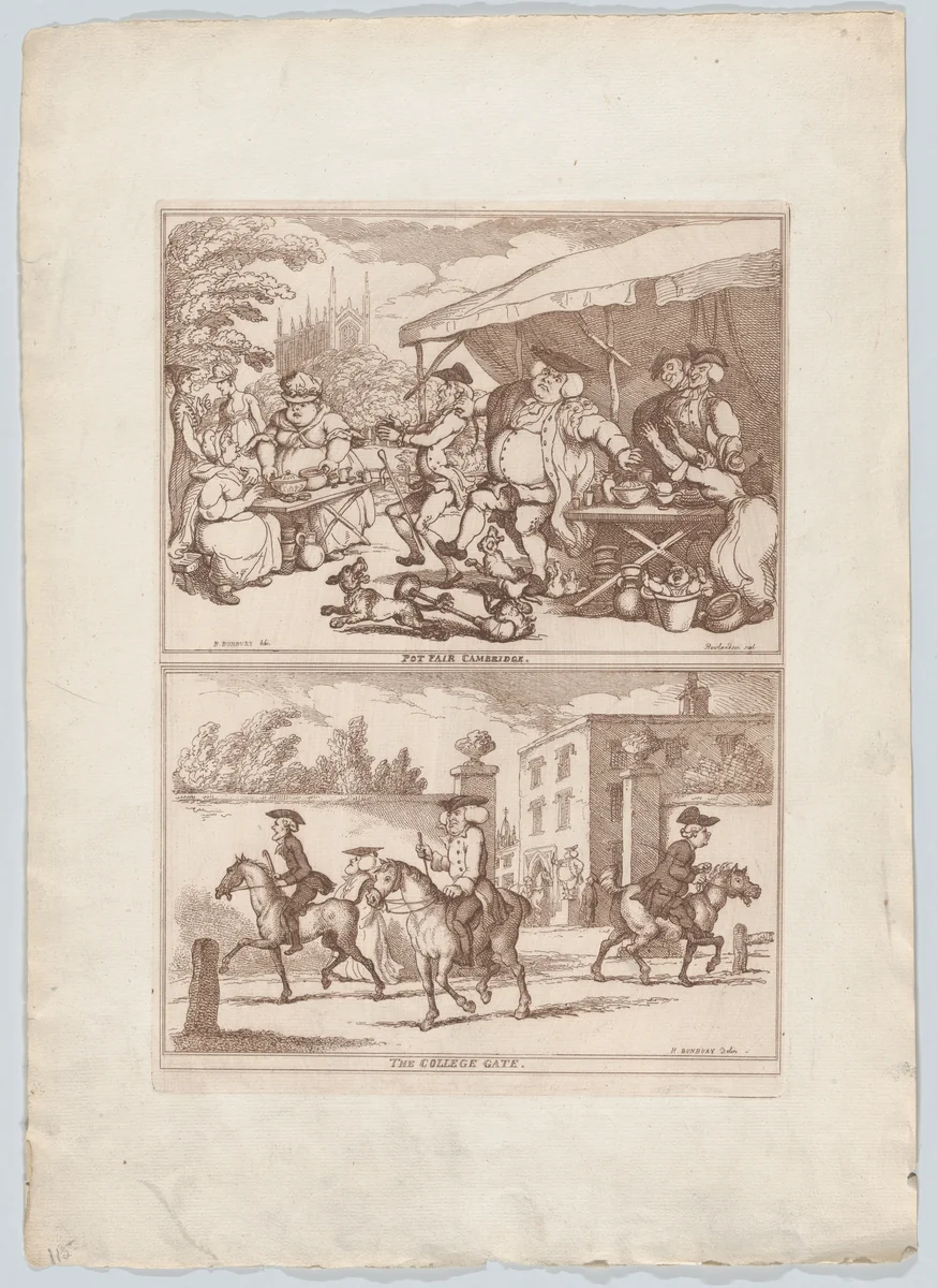 Pot Fair Cambridge, and, The College Gate by Thomas Rowlandson, print, 1780-1790