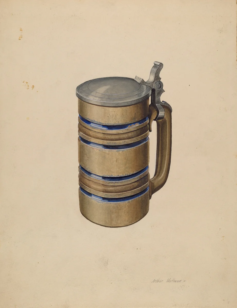 Stoneware and Pewter Beer Mug by Arthur Mathews, index of american design, 1934
