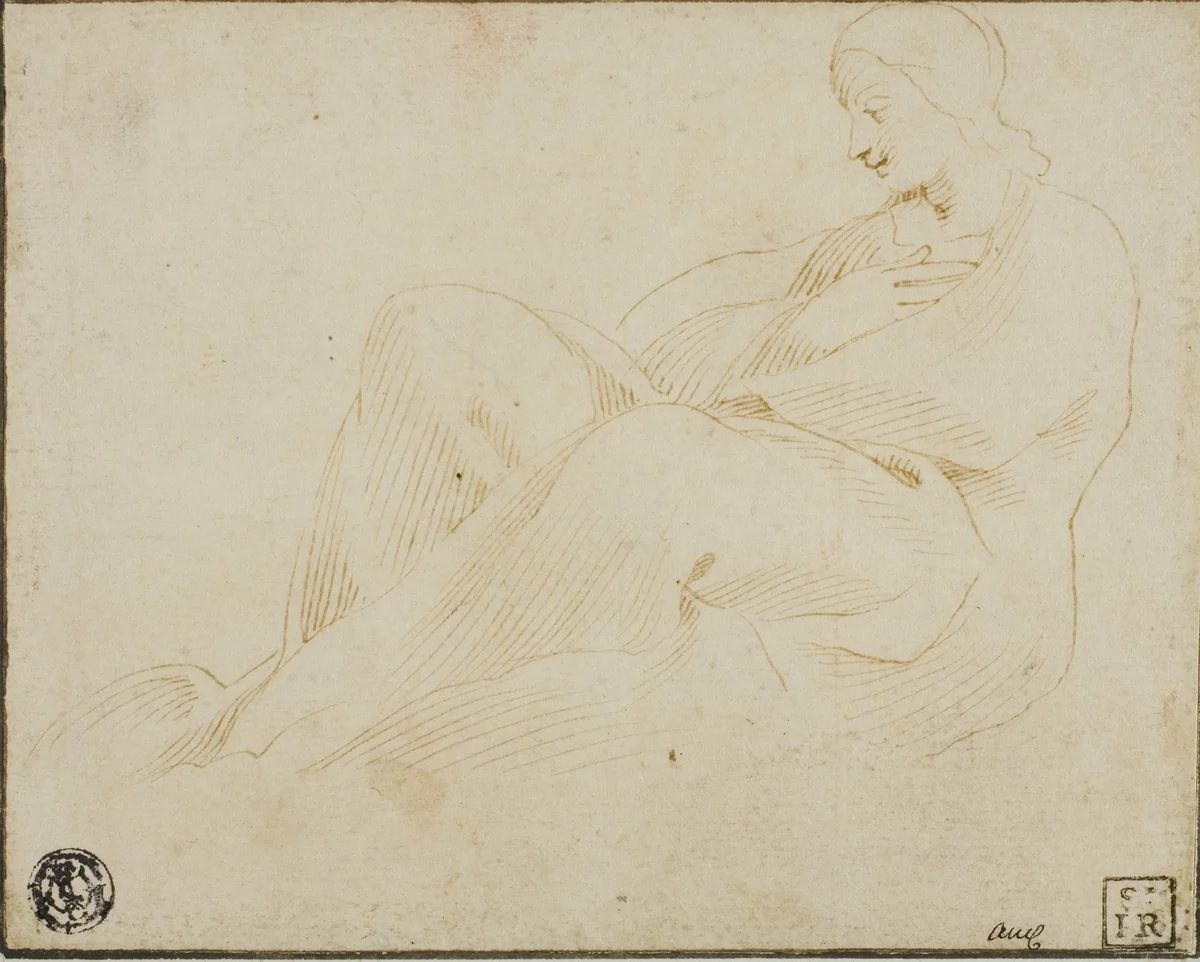 Seated Draped Woman in Profile by Ludovico Carracci, drawing, 1575-1799