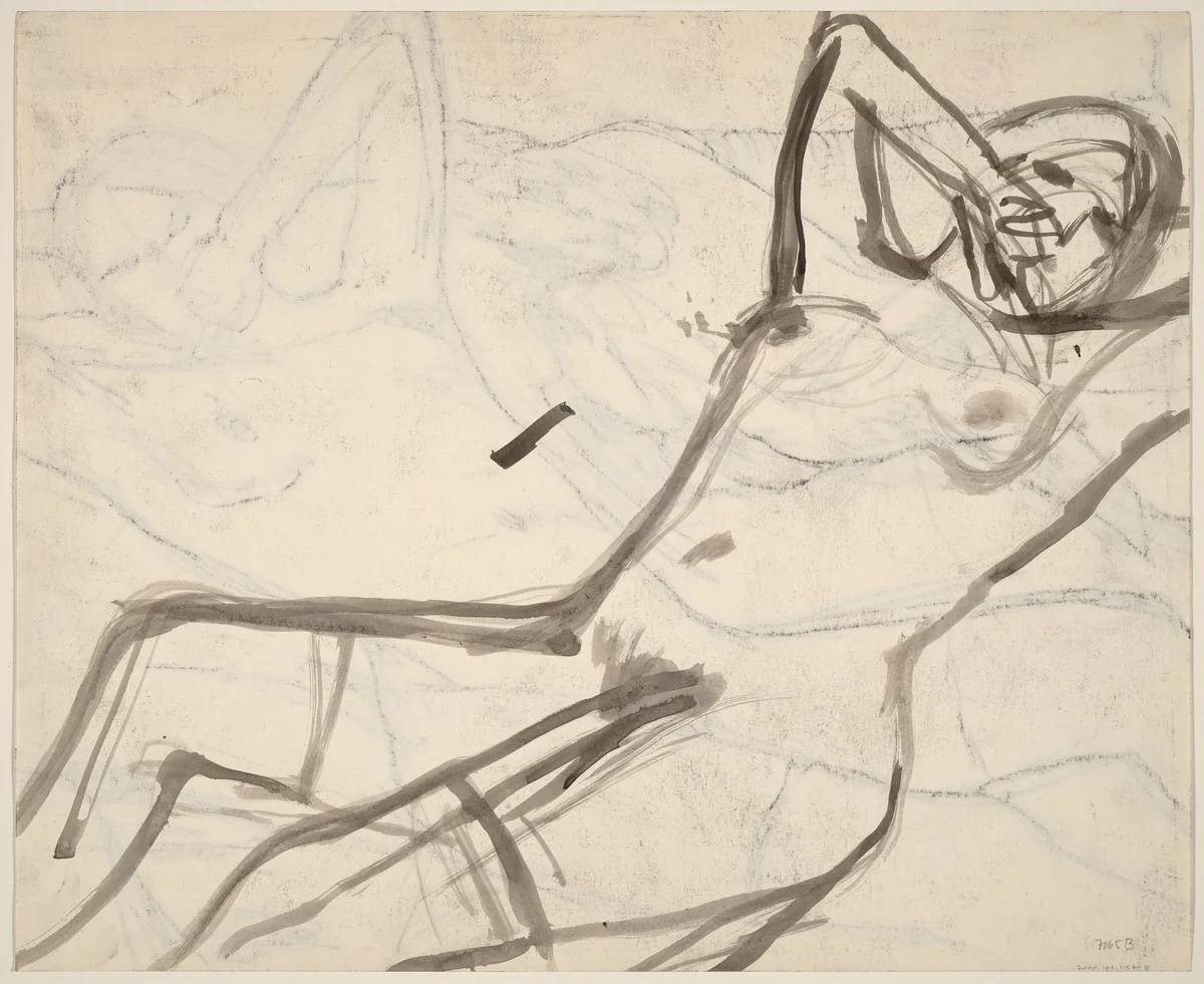 Untitled [reclining female nude with arms raised] [verso] by Richard Diebenkorn, drawing, 1955-1967