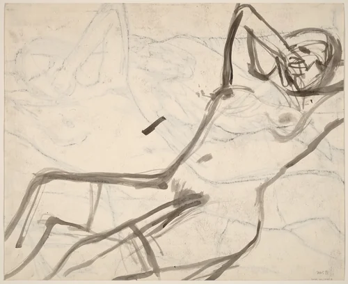 Untitled [reclining female nude with arms raised] [verso] by Richard Diebenkorn, drawing, 1955-1967