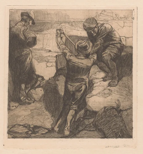 Drie arbeiders aan het werk by Johannes Josephus Aarts, print, 1881-1934