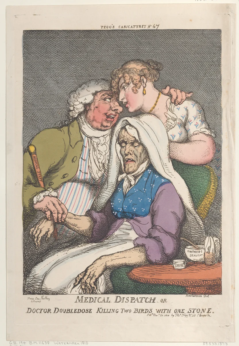 Medical Dispatch or Doctor Doubledose Killing Two Birds with One Stone by Thomas Rowlandson, print, 1810