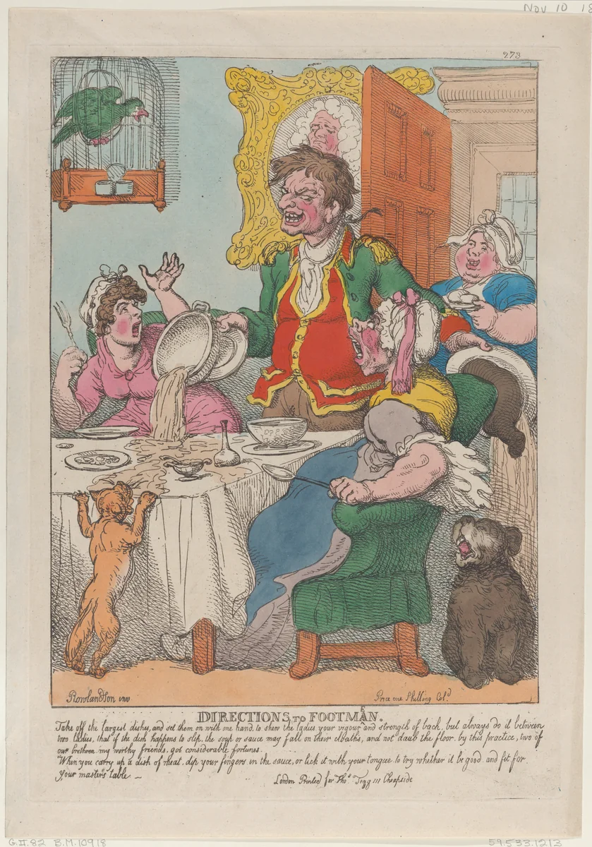 Directions to Footmen by Thomas Rowlandson, print, 1807