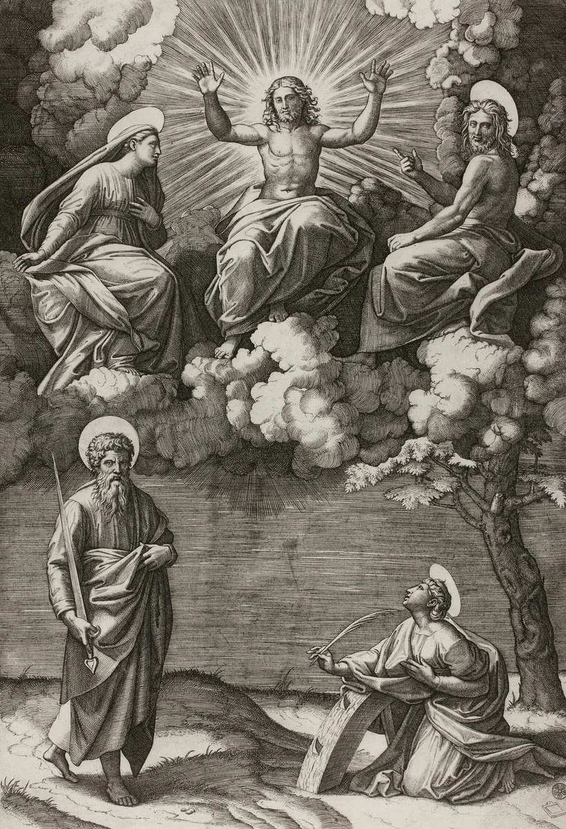Christ, the Virgin, and Saint John the Baptist with Saints Paul and Catherine by Marcantonio Raimondi, print, 1520-1525