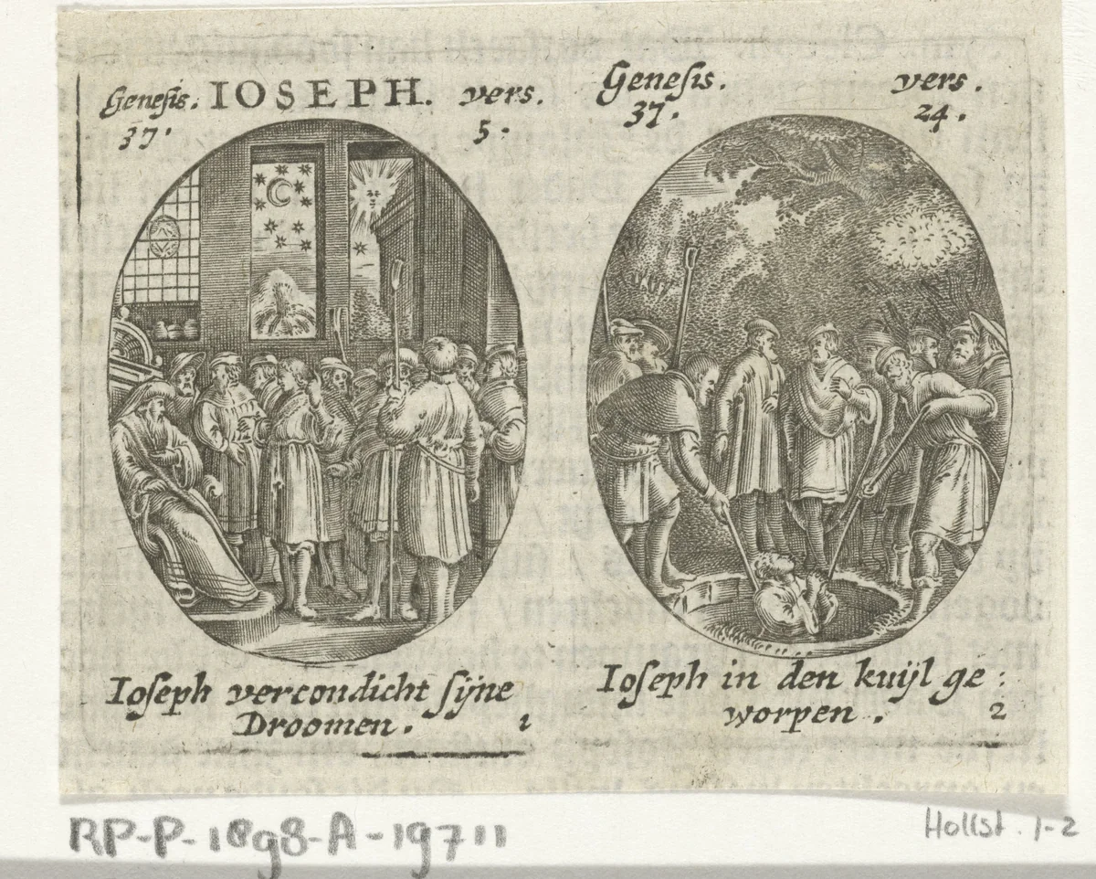 Jozef verkondigt zijn dromen / Josef wordt door zijn broers in put gegooid by Hans Janssen, print, 1615-1651