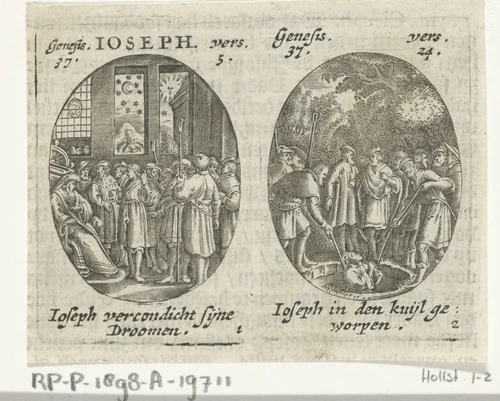 Jozef verkondigt zijn dromen / Josef wordt door zijn broers in put gegooid by Hans Janssen, print, 1615-1651