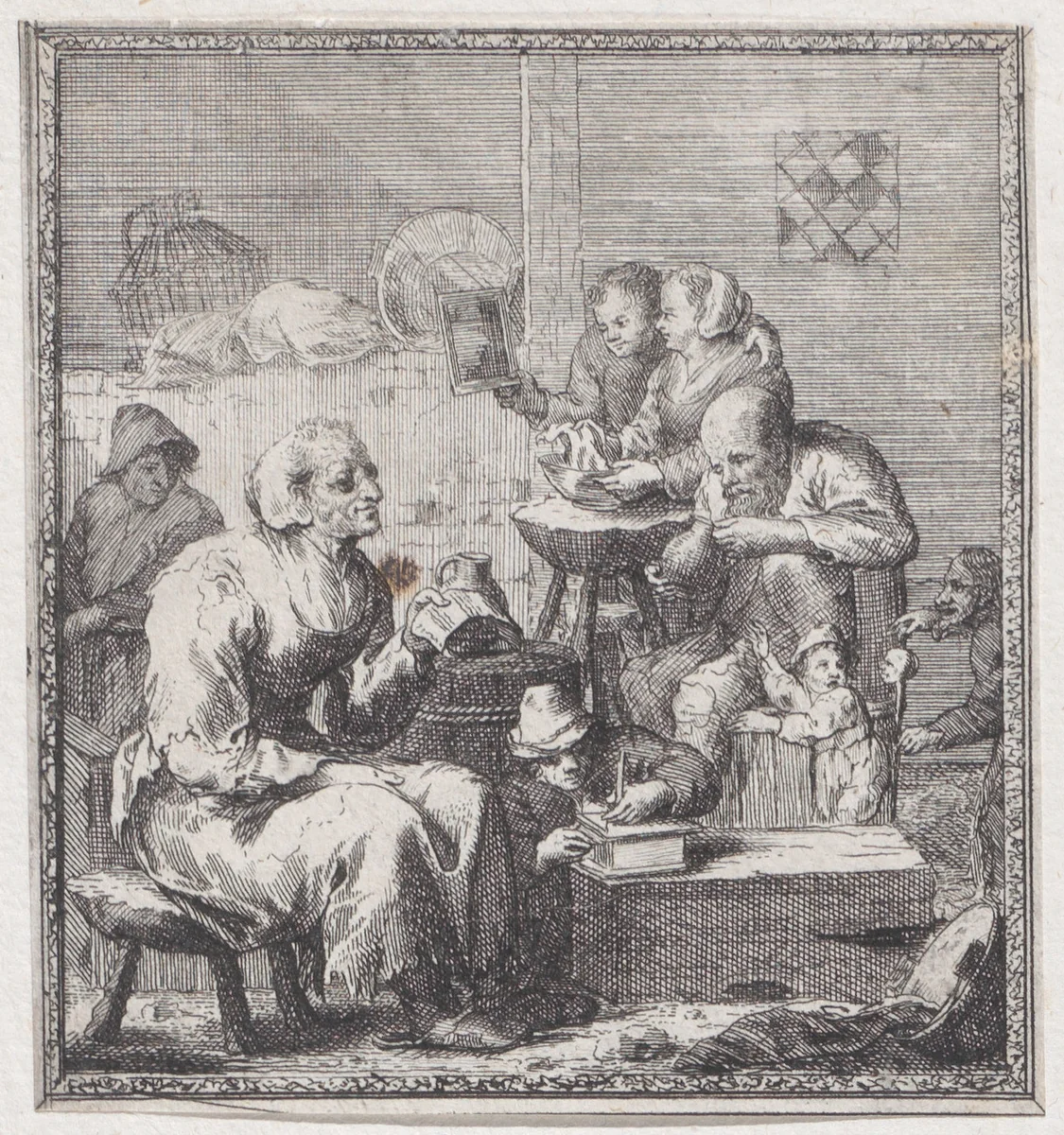 Eight peasants in a rustic interior by Jacques Dassonville, print, 1635-1675
