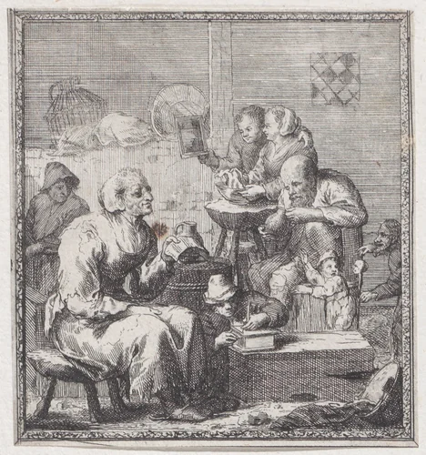Eight peasants in a rustic interior by Jacques Dassonville, print, 1635-1675