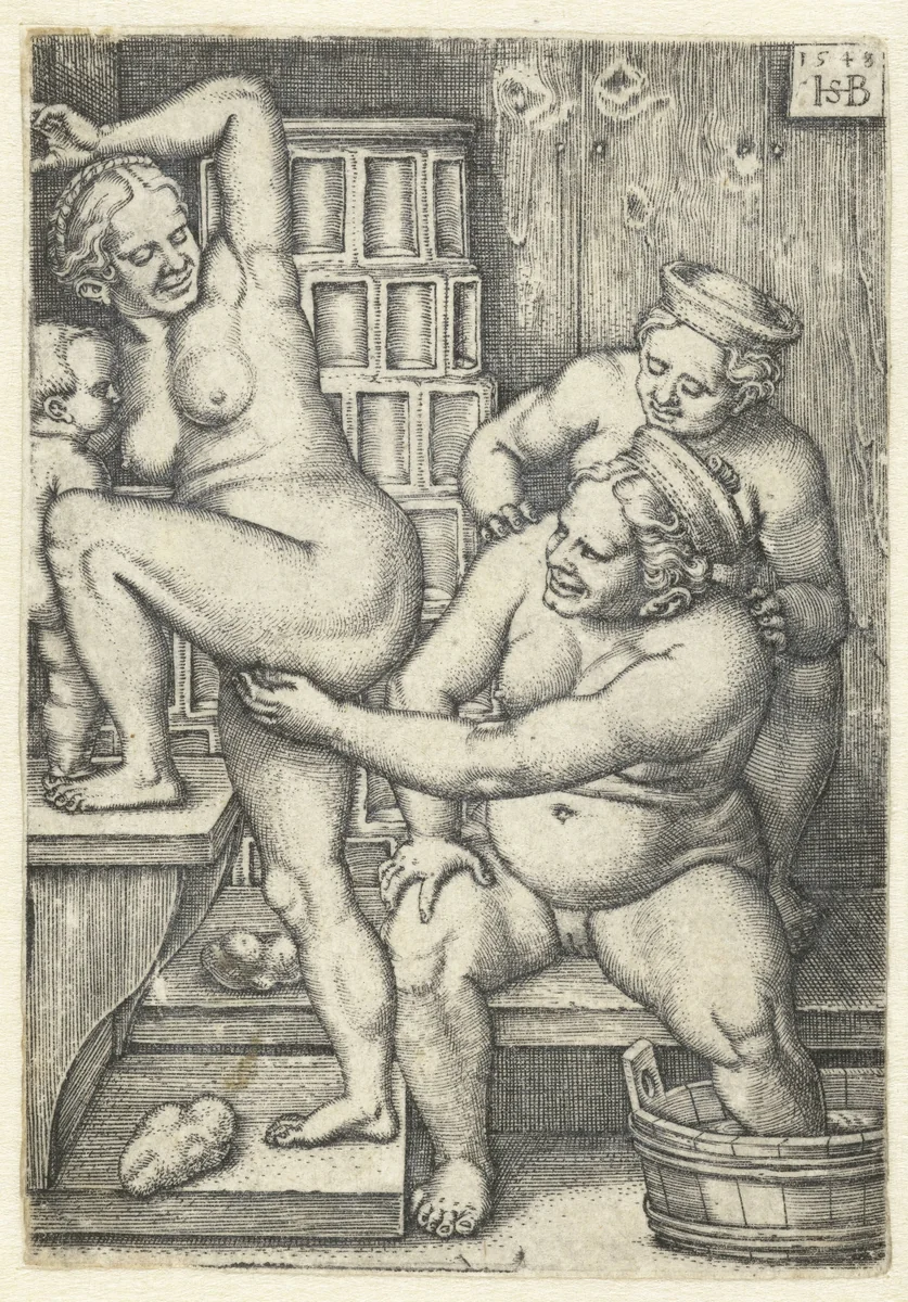 Drie vrouwen in een badhuis by Unknown, print, 1548