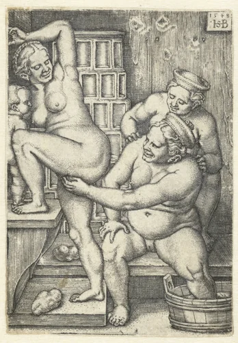 Drie vrouwen in een badhuis by Unknown, print, 1548