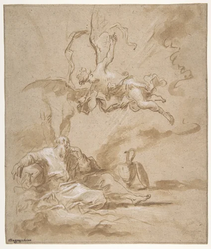 Elijah Visited by an Angel in the Wilderness (1 Kings 19:4-8) by Alessandro Magnasco, drawing, 1687-1749