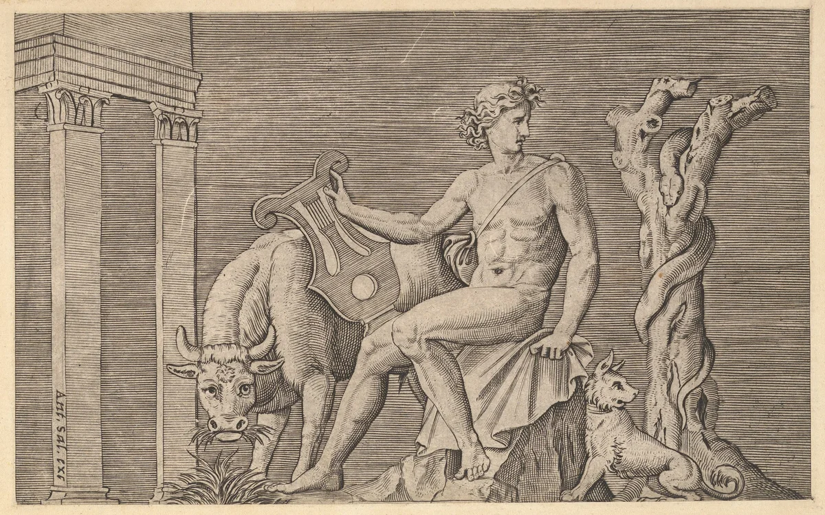 Apollo Tending the Flocks of Admetus, from "Speculum Romanae Magnificentiae" by Marco Dente, print, 1470-1527