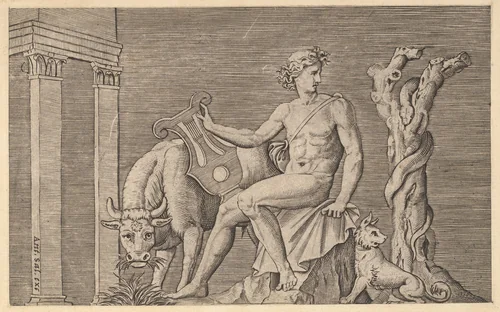 Apollo Tending the Flocks of Admetus, from "Speculum Romanae Magnificentiae" by Marco Dente, print, 1470-1527