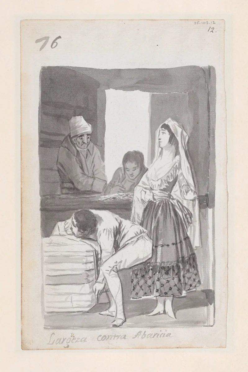 Generosity versus Greed; a woman and three men conducting a transaction inside a shop; folio 76 (recto) from the Madrid Album "B" by Goya, drawing, 1796-1798