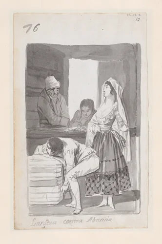Generosity versus Greed; a woman and three men conducting a transaction inside a shop; folio 76 (recto) from the Madrid Album "B" by Goya, drawing, 1796-1798