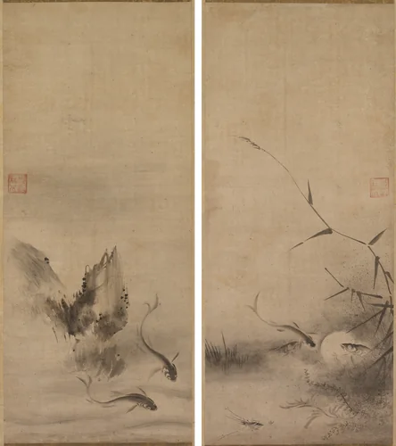 Fish and Rock; Fish and Seaweed by Rinkyo, painting, 1500-1573