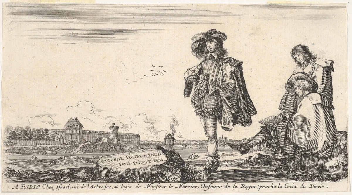 A well-dressed man standing in center looking towards the left, a seated man, possibly the engraver, is drawing with another man watching him to right, a view of Paris to left in the background, title page for "Various figures and lands" (Diverse figure e paesi) by Stefano della Bella, print, 1649