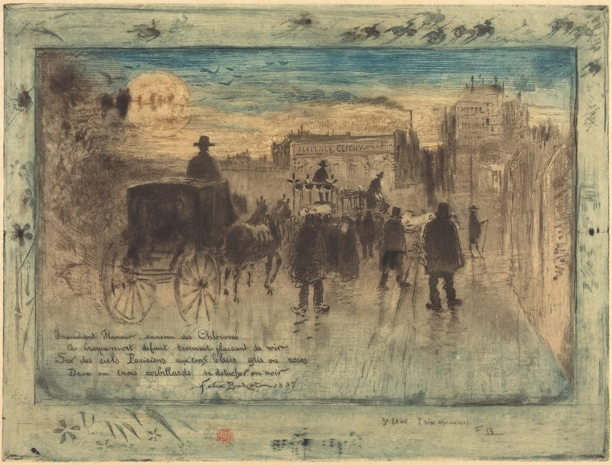 Convoi Funèbre au Boulevard de Clichy (Funeral Procession on the Boulevard de Clichy) by Félix-Hilaire Buhot, print, 1887