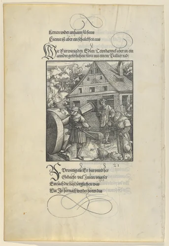 Urged by Fürwittig, Theuerdanck Tries to Manipulate a Polishing Stone, from Theuerdanck by Hans Schäufelein, print, 1517
