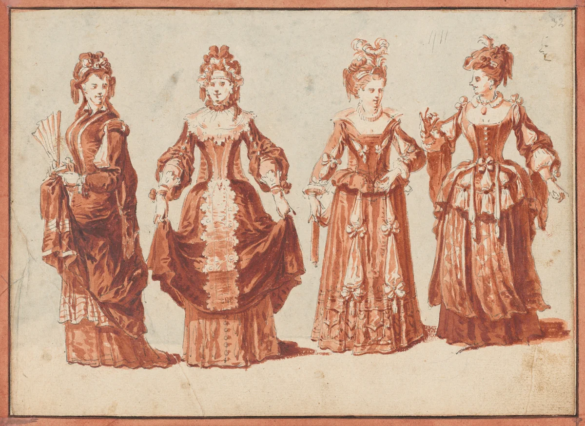 Four Actresses in Theatrical Costume by Claude Gillot, drawing, 1716-1726