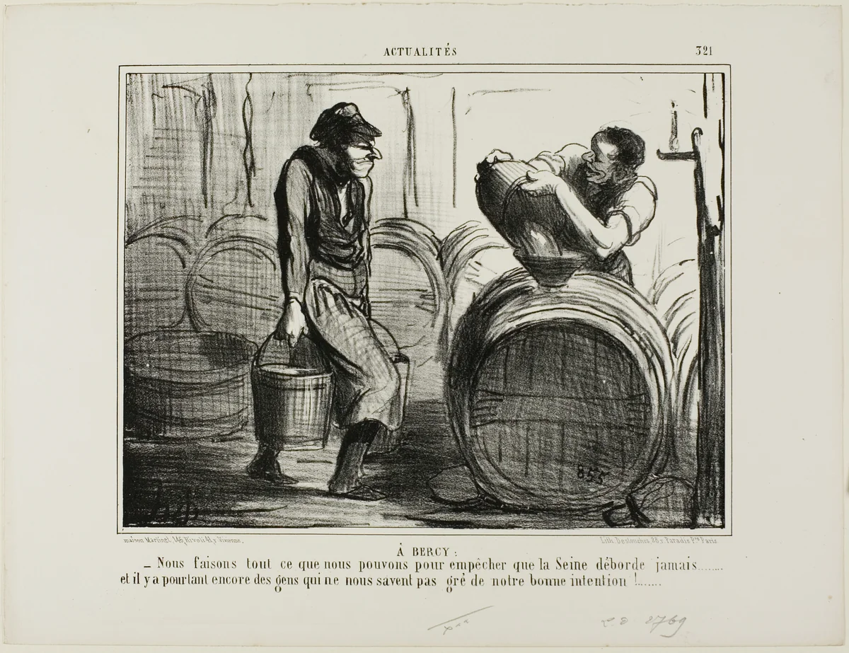 In Bercy. “We are doing everything to avoid that the river Seine overflows... and there are still people who are questioning our good intentions,” plate 321 from Actualités by Honoré-Victorin Daumier, print, 1856