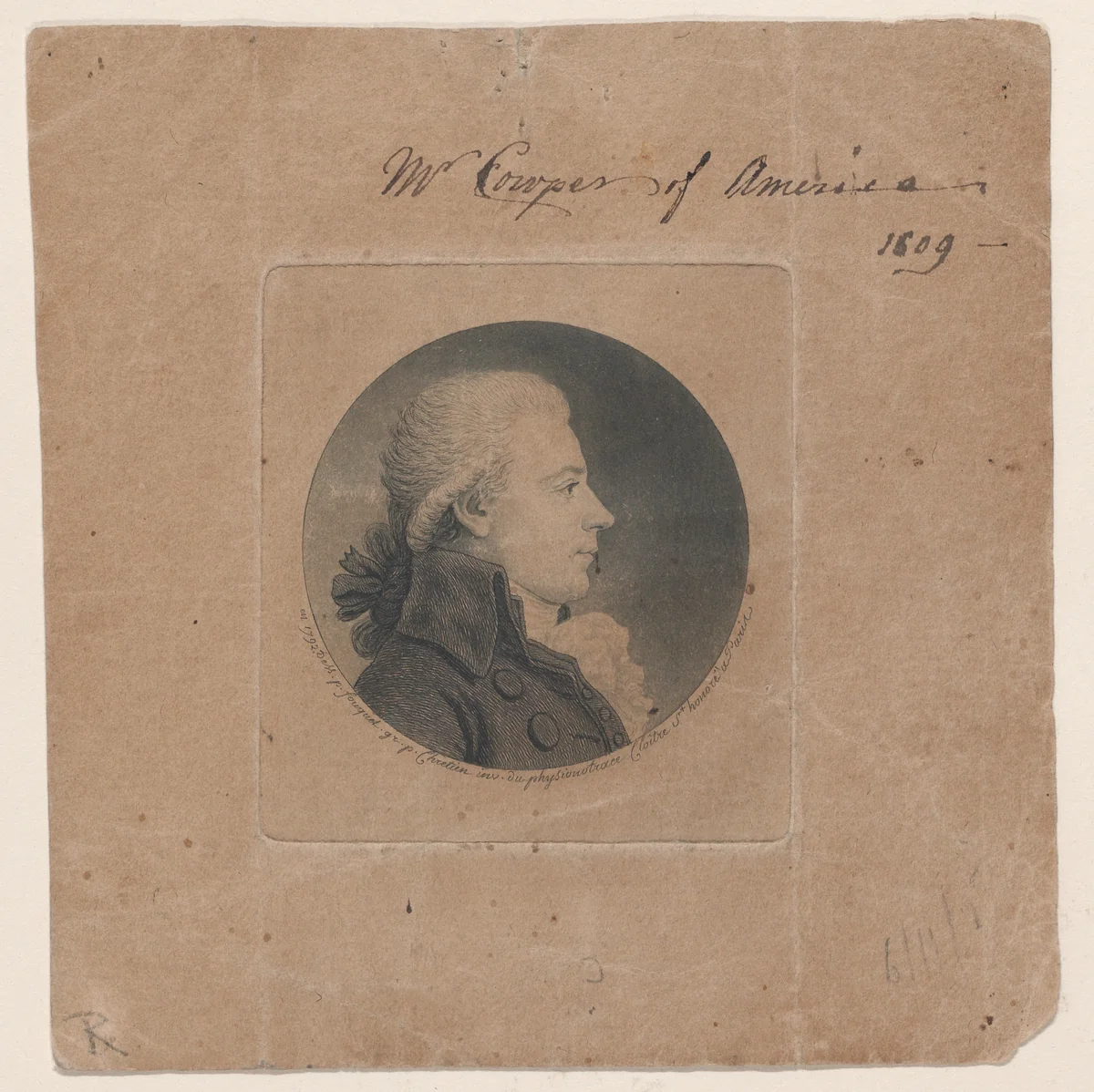 Portrait of Mr. Cowper of America, to right by Gilles Louis Chrétien, print, 1792